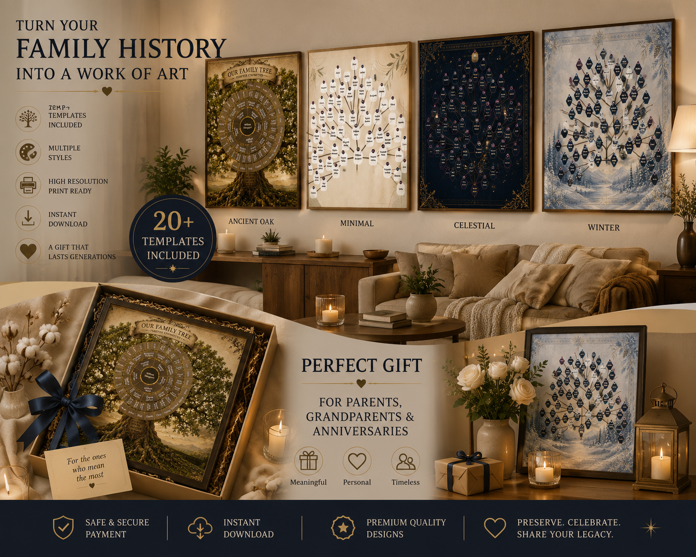 Room with multiple family tree posters